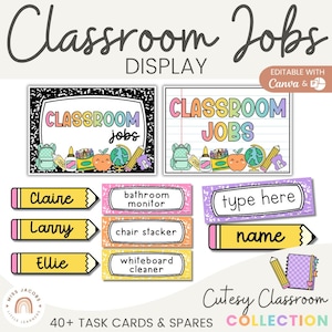 Cutesy Classroom Job Chart Composition Book Theme, Editable Class Job Poster, Bright Student Jobs Pocket Cards, Colorful Classroom Decor