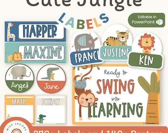 Cute Jungle Animals Classroom Labels Bundle | Editable Student Name Tags, Posters & Door Display | Cute Class Decor