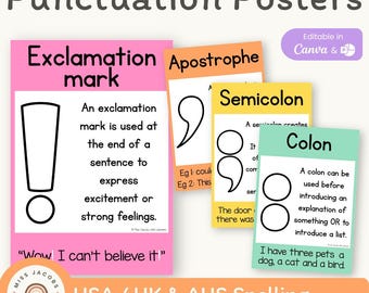 Pósteres de puntuación adorables, carteles de referencia de inglés imprimibles, decoración editable para el aula de Lengua y Literatura, coloridos carteles de reglas de puntuación para el tablón de anuncios de inglés.