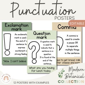 Cartazes de pontuação, tema botânico moderno, gráficos de âncora de ELA para impressão, decoração de aula de eucalipto em inglês editável, cartazes educacionais de ESL