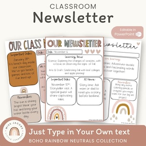 Plantillas de boletines informativos para el aula / Editables / Tema de aula arcoíris bohemio / Decoración vintage