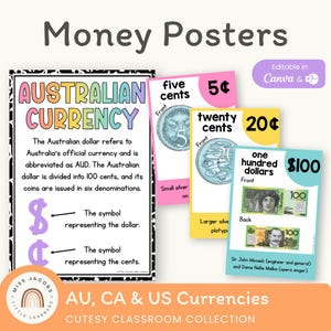 Cutesy Money Posters, Printable USD AUD CAD Coin & Dollar Bill Value Charts, Bright Counting Anchor Charts, Editable Math Classroom Decor