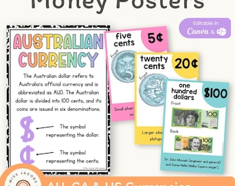 Cutesy Money Posters, Printable USD AUD CAD Coin & Dollar Bill Value Charts, Bright Counting Anchor Charts, Editable Math Classroom Decor