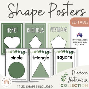 Cartazes de formas para jardim de infância, formas botânicas modernas 2D para impressão para crianças, decoração editável para sala de aula, exibição de matemática para aprendizagem do ensino fundamental