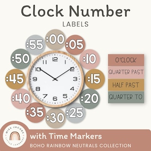 Números de reloj BOHO ARCOÍRIS / Decoración neutra para el aula con temática de arcoíris