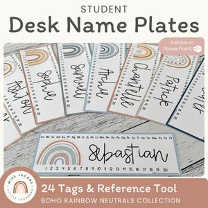 BOHO RAINBOW Classroom Labels & Student Desk Plates | Editable | Neutral Rainbow Classroom Decor