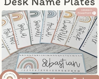 BOHO RAINBOW Classroom Labels & Student Desk Plates | Editable | Neutral Rainbow Classroom Decor