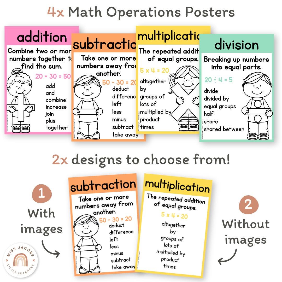 Cutesy Math Operations Posters, Colorful Math Operations Key Word ...