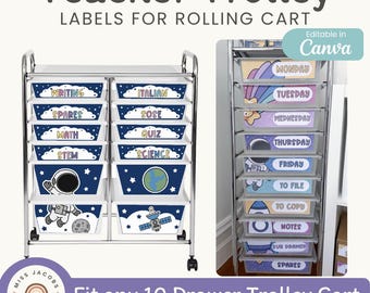 Etichette per carrelli con ruote da 10-12 cassetti: organizer per carrelli per insegnanti a tema spazio sognante (stampabili e modificabili)