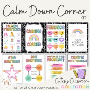 Cutesy Calm Down Corner Posters, Calm Down Kit, Printable Social Emotional Learning, Composition Notebook Calming Strategies Posters