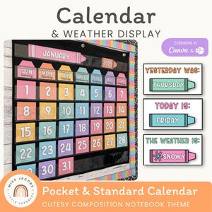Calendario y pronóstico del tiempo adorables para el aula, calendario de bolsillo imprimible para profesores con eventos especiales, calendario infantil editable para la pared.