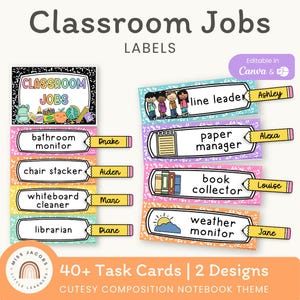 Cutesy Classroom Job Chart Composition Book Theme, Editable Class Job Poster, Bright Student Jobs Pocket Cards, Colorful Classroom Decor
