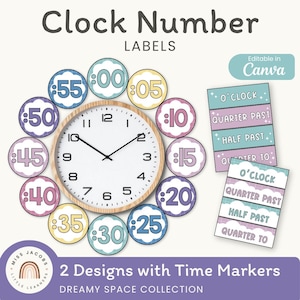 May include: A wooden-framed clock with black hands and white face is surrounded by colorful time labels. The labels are in a variety of colors, including blue, yellow, and purple. The text "Clock Number Labels" is at the top. Two designs with time markers are shown.