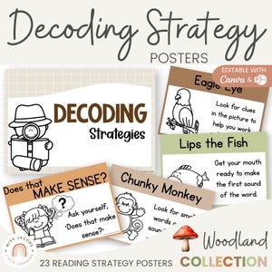 Woodland Decoding Strategies Reading Posters, Printable Reading Strategies Anchor Chart, Neutral Colors Literacy Elementary ELA Decor