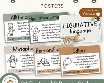 Affiches sur le langage figuré et les expressions idiomatiques, tableaux de référence imprimables pour l'anglais, comparaisons, métaphores, expressions idiomatiques, tableau d'affichage, décoration moderne pour une salle de classe sur le thème de la jungle