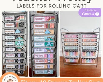 Cutesy Teacher Rolling Cart Editable Labels, Back to School 10 - 12 Drawer Trolley Cart Labels, Stationery Supplies Clipart Classroom Decor