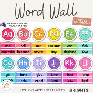Bright Alphabet Word Wall Classroom Decor, Editable Sight Words Wall Decor Template, Printable Bunting Word Wall Header, Rainbow Wall Decal