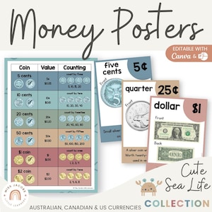May include: Educational money posters showing Australian, Canadian, and US currencies. The posters display coin values, counting exercises, and images of coins and bills. The "Cute Sea Life Collection" theme is visible.