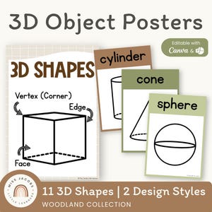 Woodland 3D Shape Posters, Editable Object Shapes Anchor Chart Math Wall, Neutral Forest Theme Printable Classroom Geometry Display Decor