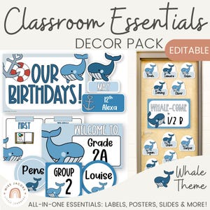 Editable Whale Theme Classroom Decor Pack, Coastal Calm Teacher Essentials Decoration Set, Printable Classroom Organization Decor Bundle
