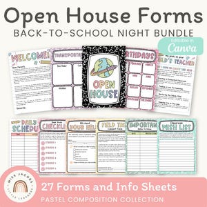 Open House Bundle, Printable Back to School Night Forms, Editable Meet the Teacher Templates, Pastel Composition Notebook Theme