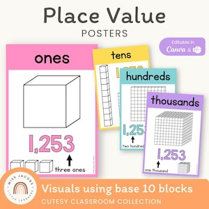 Niedliches Stellenwertposter, druckbares Stellenwerttabelle, Mathe Bulletin Board Display für Klassenzimmer, Basis 10 Blöcke Mathe Anker Chart