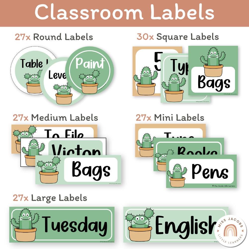 Set of 5 Classroom Essentials Decor Cactus Theme, Printable Neutral ...