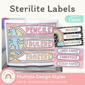 May include: A white three-drawer plastic storage unit featuring labels with globe illustrations and the text PENCILS, RULERS, and ERASERS. Additional labels display MONDAY, TUESDAY, WEDNESDAY, LINED PAPER, CARDSTOCK, and SCRAP PAPER in pastel colours.