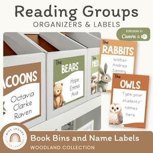 Étiquettes de poubelle de livres des bois, organisateurs de groupe de lecture sur le thème des animaux de la forêt, étiquettes neutres modifiables d'organisation de livres de bibliothèque