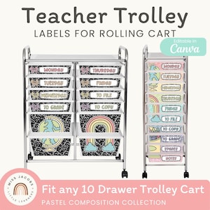 May include: Teacher trolley labels for rolling carts featuring a pastel composition collection. The labels include days of the week, to file, to copy, to grade, notes, and spares, with graphics of globes, rainbows, and bows. Editable in Canva.