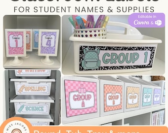 Cutesy Classroom Labels, Editable Student Names and Supplies, Bilingual Name Tags & Classroom Subject Labels, Bright Classroom Organization