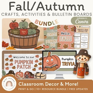 Op de afbeelding: Een digitaal pakket met herfstthema klaslokaaldecoraties en activiteiten met illustraties van appels, pompoenen, een vogelverschrikker en herfstbladeren. De tekst bevat Fall/Autumn Crafts, Activities & Bulletin Boards, Harvest Trail Newsletter en Welcome to our Pumpkin Patch.