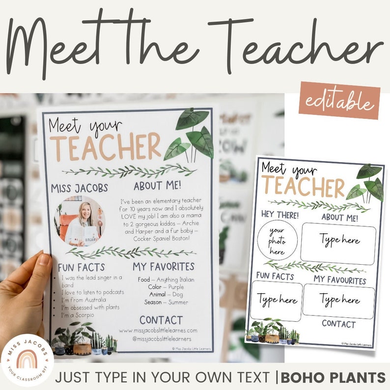 Meet The Teacher Templates | Editable Modern Boho Plants Decor 