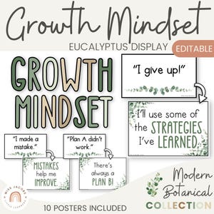 Growth Mindset vs Fixed Mindset Posters, Printable SEL Bulletin Board Set, Editable Eucalyptus Modern Botanical Classroom Decor