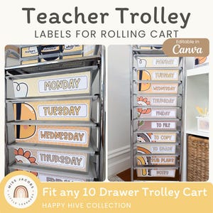 May include: A set of printable labels for a 10-drawer rolling cart, featuring a bee and flower theme with the text Monday, Tuesday, Wednesday, Thursday, Friday, To File, To Copy, To Grade, Sub Plans, and Notes. The labels are editable in Canva.