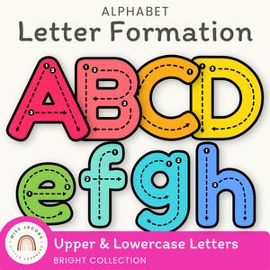 Pode incluir: Cartaz educativo intitulado ALPHABET Letter Formation com letras maiúsculas A, B, C, D em vermelho, rosa, laranja e amarelo, e minúsculas e, f, g, h em verde, azul-petróleo e azul, com setas direcionais numeradas para escrita.