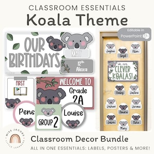 Koala Classroom Decor Bundle, Calm Nature Theme Decor Set, Editable Elementary Classroom Teacher Essentials, Printable Posters & Displays