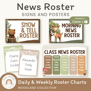 Woodland News Roster Show & Tell Display, Editable Sharing Time Chart for Classroom Routine, Printable Neutral Forest Theme Teacher Decor