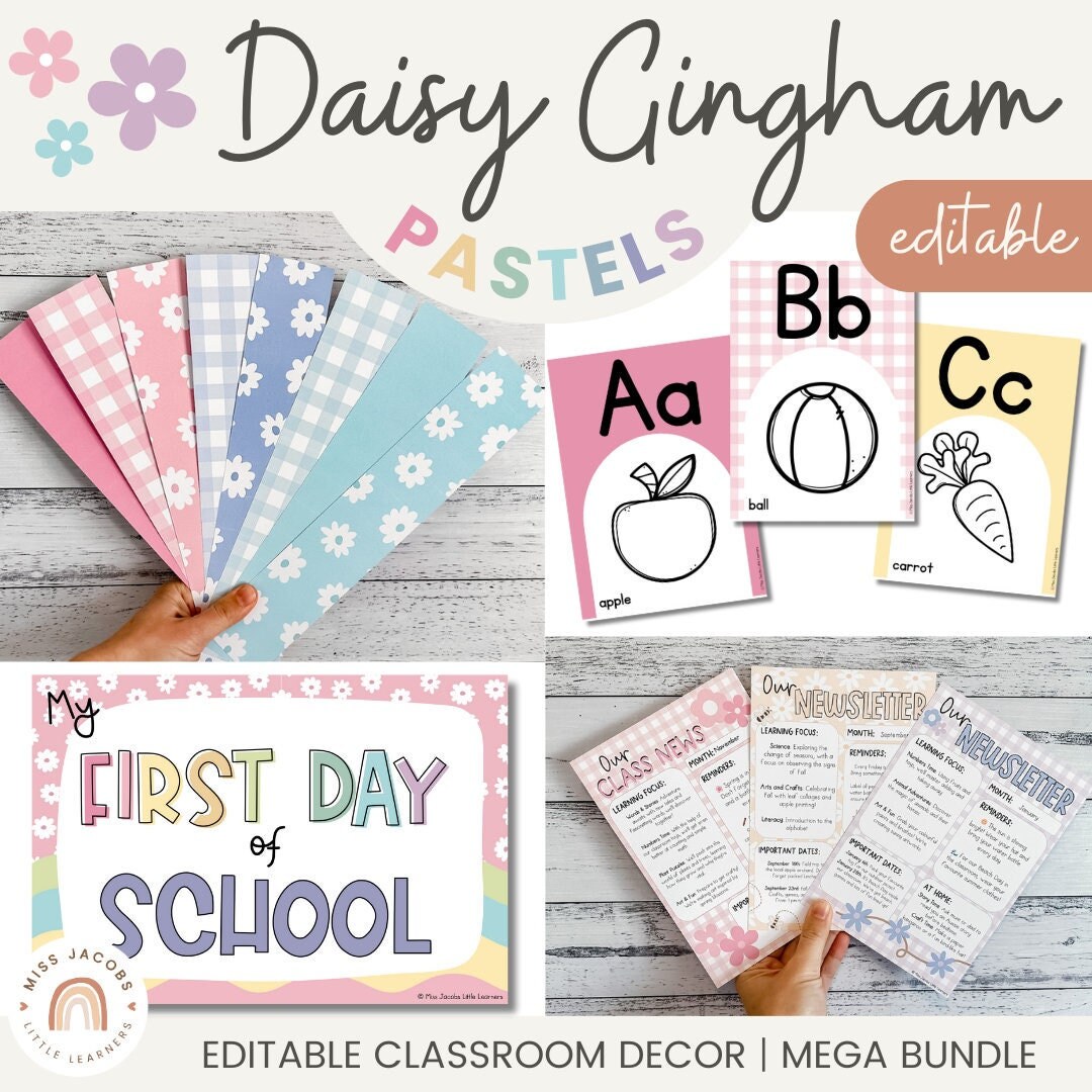 Daisy Gingham Pastels Classroom Decor Bundle | Muted Rainbow Theme | Editable