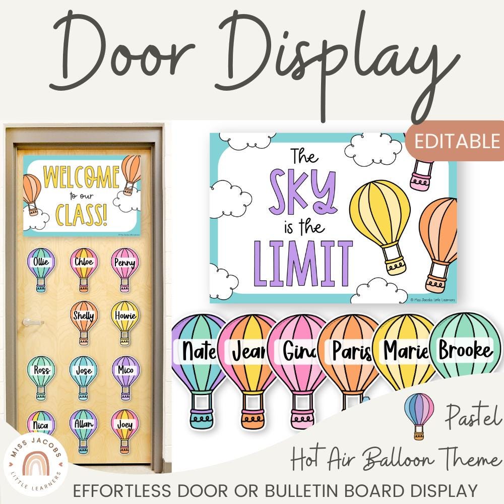 Hot Air Balloon Door Display, Calm Pastel Back to School Editable Door Sign Set, Bulletin Board Decor for Classroom, Printable Welcome Signs