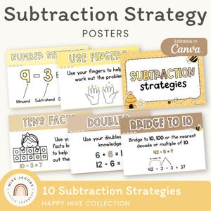 Peut inclure: Un ensemble d'affiches éducatives sur les stratégies de soustraction avec un thème jaune et brun décoré d'abeilles. Les affiches présentent des textes comme Number Sentence, Use Fingers, Subtraction Strategies, Tens Facts, Doubles et Bridge to 10.