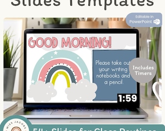 Modern Rainbow Morning Meeting Slides With Timers, Google Slides and PowerPoint Templates, Calm Colors Classroom, Digital Teacher Slides