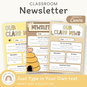 Modèles de newsletter imprimables pour la classe, newsletter hebdomadaire ou mensuelle modifiable, thème de la classe Happy Hive Bumblebee