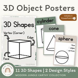 Earthy 3D Shape Posters, Modern Jungle Classroom Shape Display, Printable & Editable 3D Object Geometric Shapes, Math Bulletin Board Decor