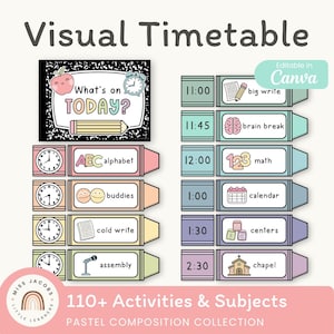 Può includere: Un orario visivo con un'intestazione che riporta il testo What's on TODAY? e un'illustrazione di una matita. Include diverse etichette rettangolari a forma di pastelli in colori pastello, ognuna con un orario, un'icona e il nome di una materia.
