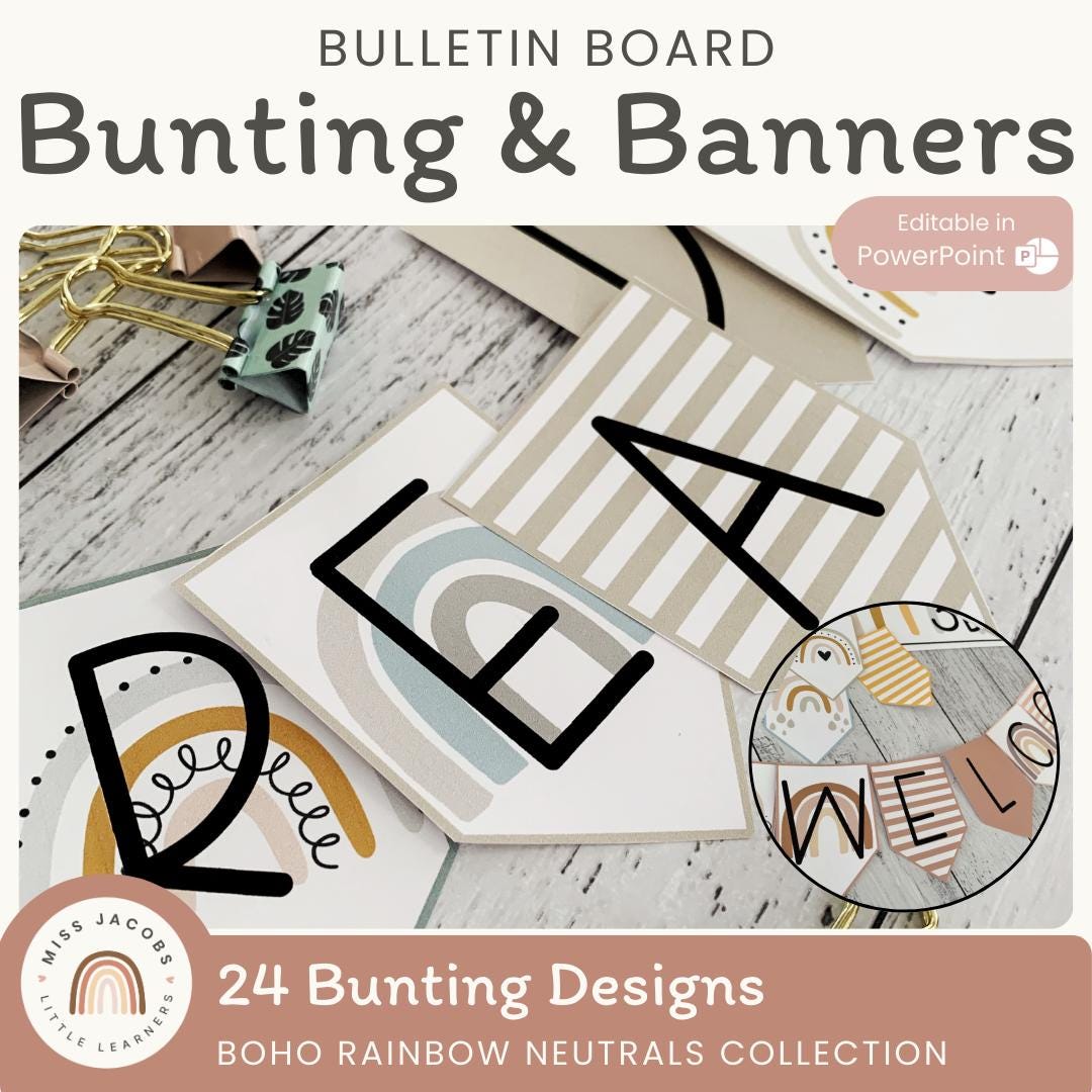 BOHO RAINBOW Bulletin Board Signage | Editable Boho Bunting | Neutral ...