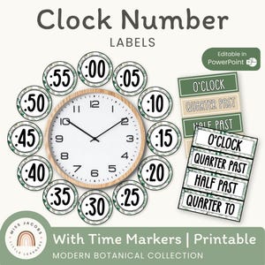 Clock Labels for Classroom, Minute Numbers & Time Phrases, Editable Telling Time Display, Modern Botanical Calm Eucalyptus Clock Decor