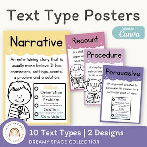 Types de texte Posters Thème Dreamy Space : Écriture Genre Affichage des tableaux d'ancrage ELA (modifiables et imprimables)