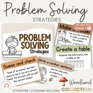 Math Problem Solving Posters, Woodland Neutral Theme Math Strategies Anchor Charts Word Problems, Cozy Editable Classroom Math Decor