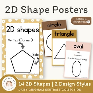 2D Shape Posters, Daisy Gingham Neutrals Theme, Printable 2D Shapes Anchor Chart, Elementary Math Bulletin Board Classroom Decor